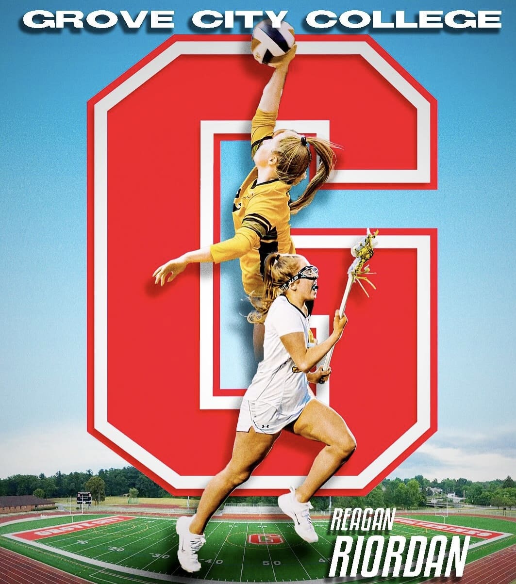 Athletes in action at Grove City College, featuring a volleyball and lacrosse player on a large letter G backdrop.