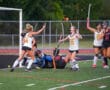 Field hockey players celebrating a goal on the field with goalie on grass.