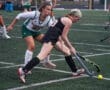 Two female field hockey players competing for the ball during a match on a green turf field.