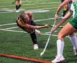 Field hockey players in intense match on green turf.
