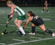 Two female field hockey players competing for the ball on a green turf field.