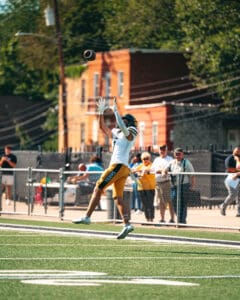 Football player jumps to catch ball during game, with spectators in background on sunny day.