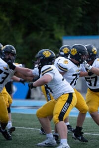 Football players in action on the field, wearing black helmets and yellow uniforms, with a paw print logo.