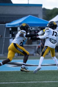 Two football players in action, wearing yellow pants and helmets, on a green and blue field during a game.