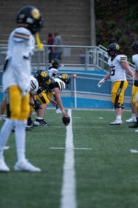 Football players prepare for snap during game on field, wearing black and yellow uniforms.