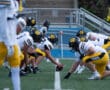 Football players in yellow and white uniforms lining up for the snap on a field, ready for action.
