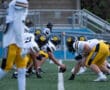 Football players in yellow and black uniforms prepare for a scrimmage on the field during practice.
