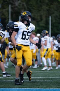 Football players in black and yellow uniforms during a game on the field.