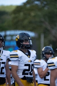Football players in black and yellow gear on the field, focused and ready for the game.