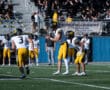 High school football game, players in yellow preparing for a snap, crowd and band in the stadium background.