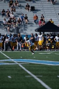 Football player runs on field during a game, with team and fans in the background.