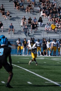 Football player in white and yellow uniform catching ball during a game, with spectators in the stands.