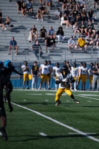 Football player catching pass during game with spectators watching from stands.