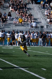 Football player running with the ball during a game, fans watching from the stands.