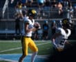 Quarterback prepares to throw a football during a high school game, wearing a yellow jersey and helmet.