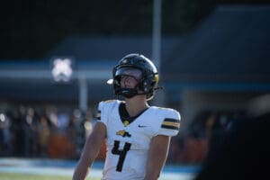 Football player in a black helmet and white uniform on the field during a game.