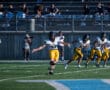 Football player kicking off a game on a sunny field, with a cheering crowd in the background.