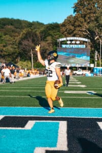Football player celebrates touchdown in the end zone at outdoor stadium, sunny day game.