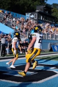 Football player scores a touchdown, wearing yellow and black uniform, with cheering crowd in the background.