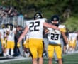 Football players in yellow celebrate a play on the field during a sunny day game.