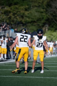 Football players in yellow uniforms celebrate on the field during a game.