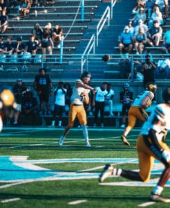 Football quarterback throws a pass during a game, with a lively audience in the stadium stands.