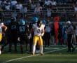 Football players on the field during a game, crowd in the stands watching intently.