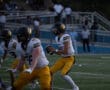 Football quarterback holds ball ready to throw, teammates protect, during a game on a green field.