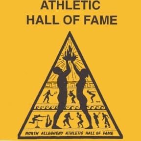 Triangle logo with athletic figures below the text Athletic Hall of Fame, featuring North Allegheny Athletic Hall of Fame.