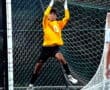 Soccer goalie in yellow jersey jumps high to catch the ball during a game, demonstrating athletic skill and focus.