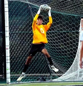 Soccer goalie in yellow jersey jumps high to catch the ball during a game, demonstrating athletic skill and focus.