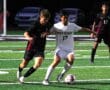 Two soccer players compete for the ball during a night match on a green field.