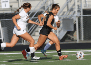 Two soccer players in action, competing for the ball on a sunny field.