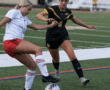 Two female soccer players in action on a field, one in a white and red kit and the other in black and yellow.