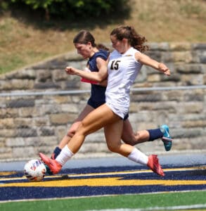 Two female soccer players competing for the ball during a match on a sunny day.
