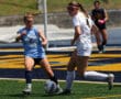 Two female soccer players competing for the ball during a match on a sunny day.