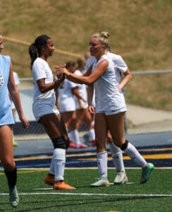 Soccer players in white jerseys celebrating on the field during a match.