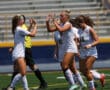 Soccer team celebrates with a high-five on the field during a game under sunny skies.
