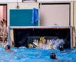 Water polo goalie blocks shot as players converge in swimming pool match.