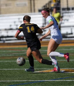 Two soccer players in action on the field during a competitive match.