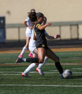 Soccer players in action on the field, one in black and yellow, the other in white, during a sunny match.