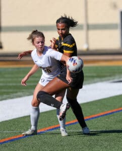 Two soccer players in action during a match, with one kicking the ball on a sunny field.