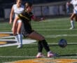 Soccer player in black and yellow uniform kicks ball during game on green field.