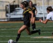 Soccer player in black and yellow uniform dribbling ball on field during match.