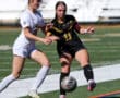 Two female soccer players competing for the ball on a sunny field.