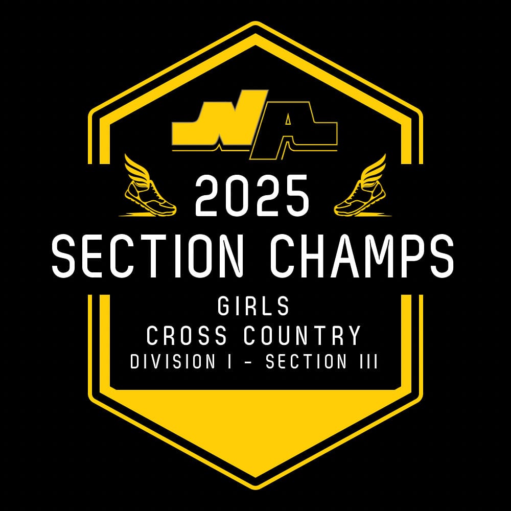 NA 2025 Section Champs Girls Cross Country Division I, Section III badge with yellow highlights and shoes.