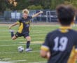 Soccer player in black and yellow uniform kicking a ball during a game on a green field.