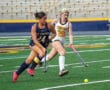 Two field hockey players compete for the ball on a green turf field.
