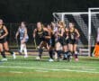 Field hockey team celebrating a goal during a night match on a sports field.