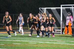 Field hockey team celebrating a goal during a night match on a sports field.